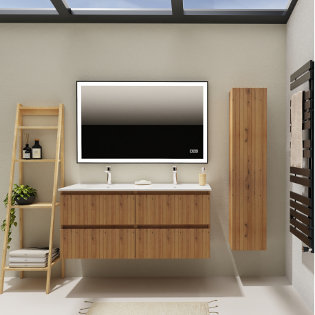 Meuble salle de bain 120 cm - Double vasque céramique - Effet bois strié - A suspendre - Karaib 2