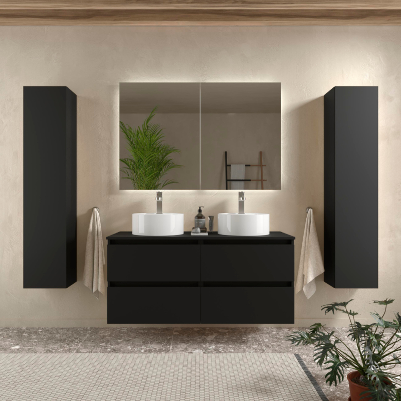 Meuble salle de bain blanc avec panier à linge intégré gris