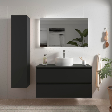 meuble salle de bain noir décalé suspendu vasque noir céramique